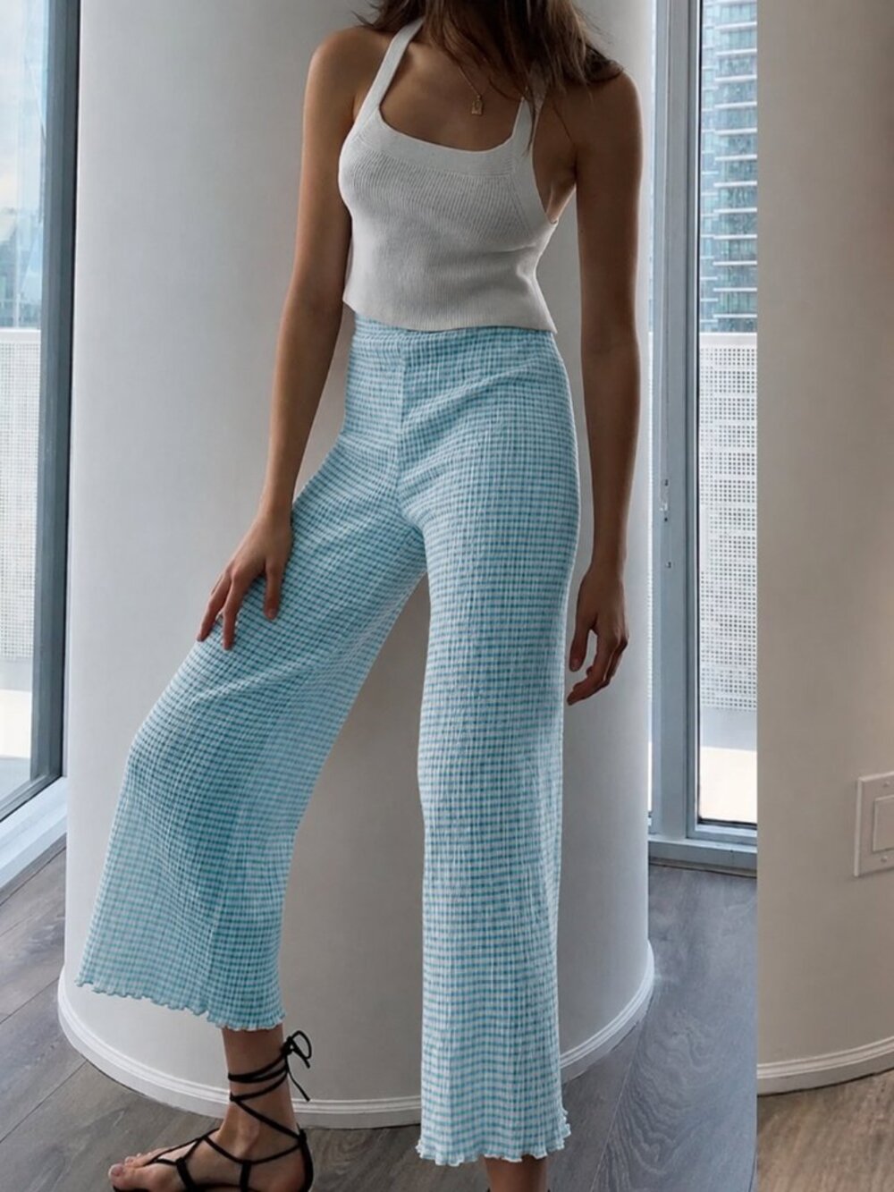 Aritzia Wilfred Verona Wide Leg Pant Seersucker Gingham Pull On Size Medium